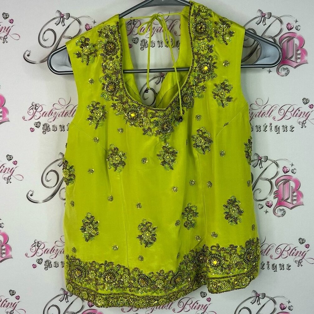 Tank Top Embroidered Jewels Sequins Gems Embellished Lime Green Sleeveless